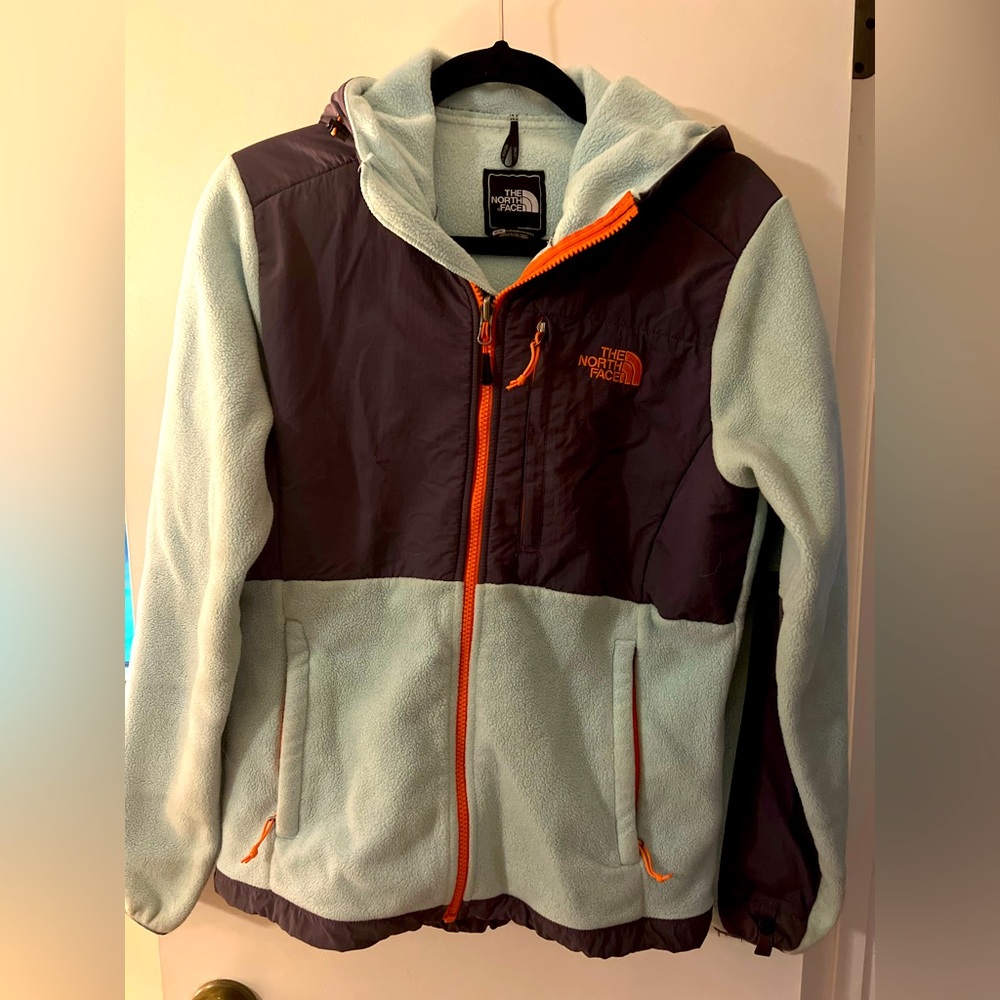 NorthFace woman’s fleece hooded full zip jacket. Blue, gray, coral. Size Medium.